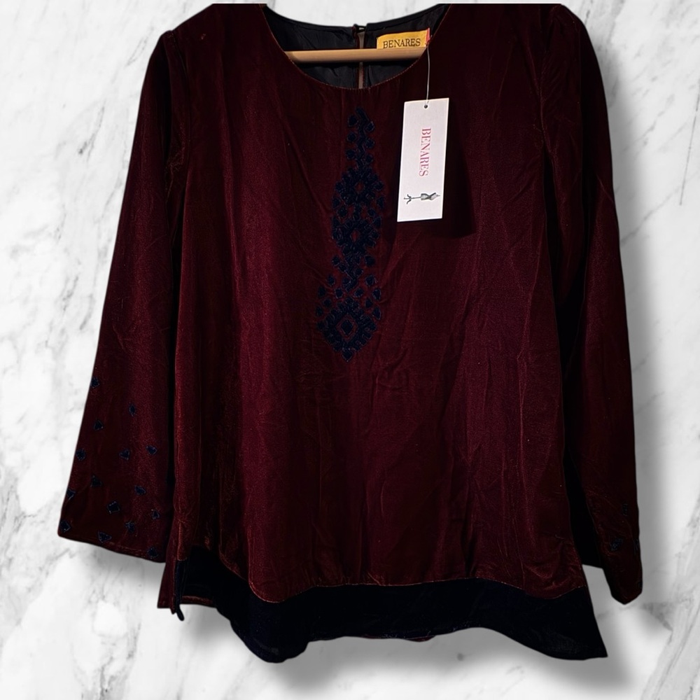Elegant Benares Burgundy & Blue Women's Top Small Long Sleeves Decorative - Picture 7 of 7